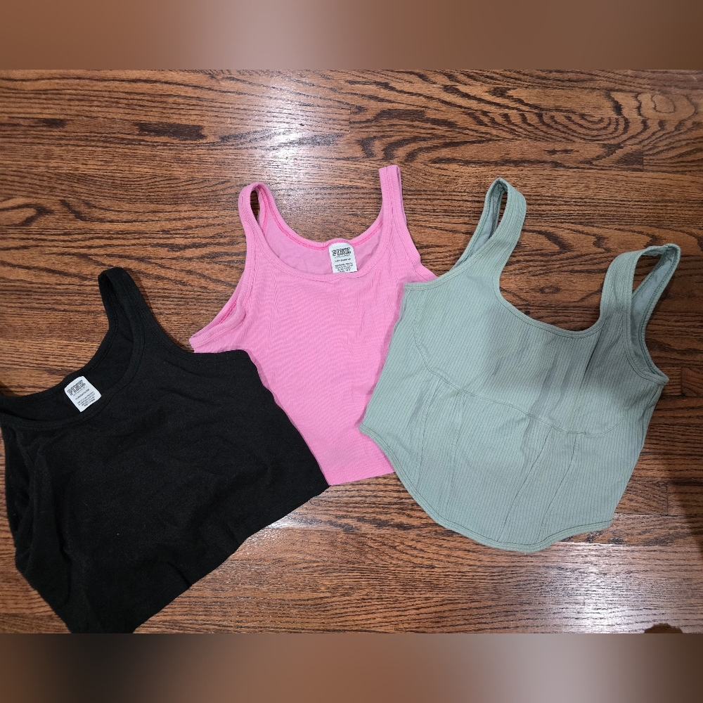 PINK Victoria's Secret Black and Pink Fitted Crop Tank Tops